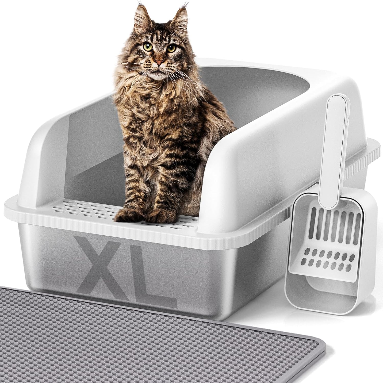 Stainless Steel Cat Litter Box with Lid, 24" L x 16" W x 11.8" H, Extra Large Litter Box for Big Cats with High Sided, Anti-Urine Leakage, Easy Cleaning, Include Cat Mat and Scoop